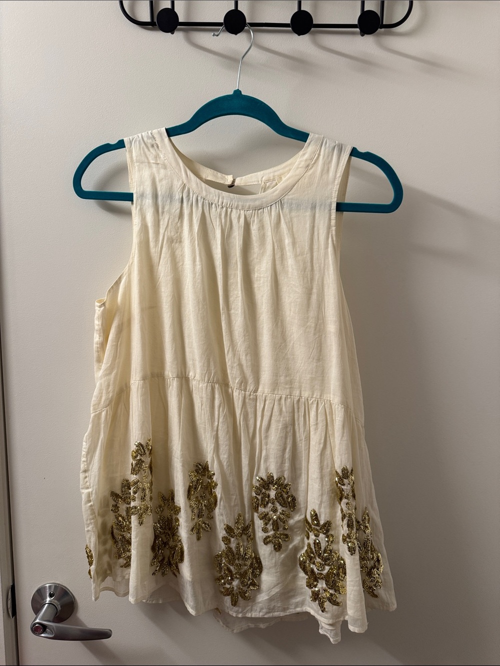 Anthropologie Maeve Cream Sleeveless Dress with Gold Embellishment
